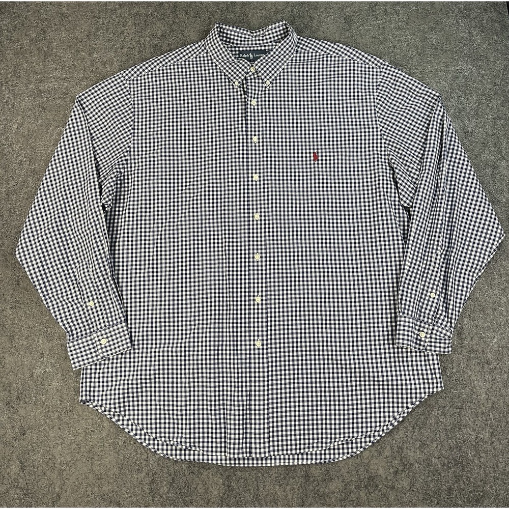 Polo Ralph Lauren Mens 3XLT Button Up Shirt Navy Blue Gingham Check Pony Preppy